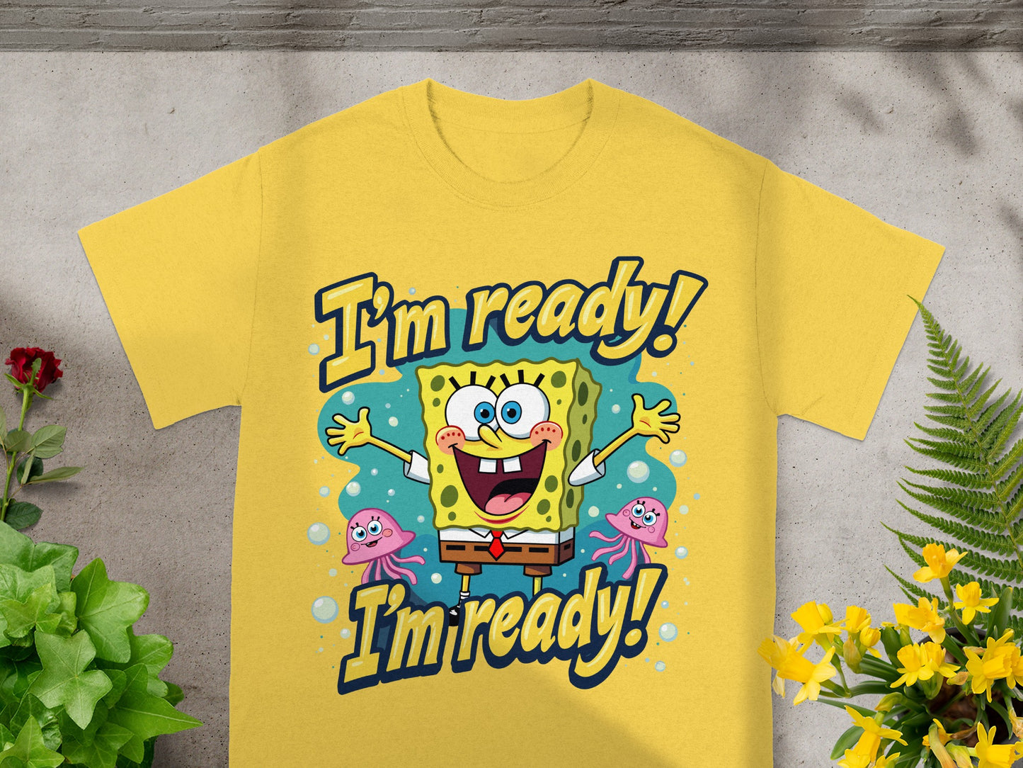 SpongeBob SquarePants shirt with "I'm ready!" text and pink jellyfish.