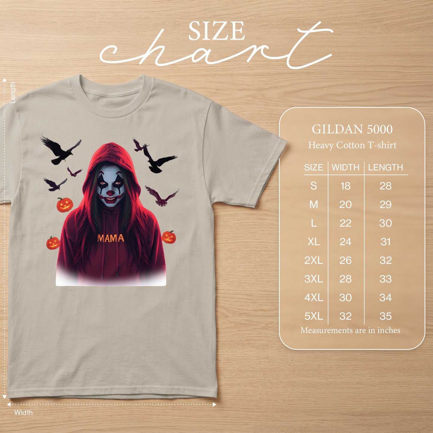 Gildan 5000 heavy cotton t-shirt with clown graphic and size chart.