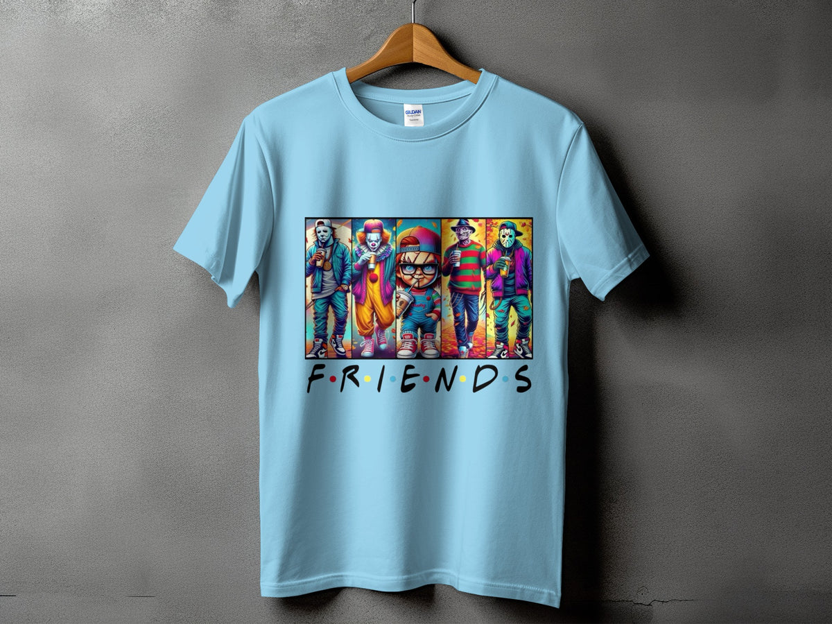 Light blue t-shirt with "FRIENDS" logo and horror characters.