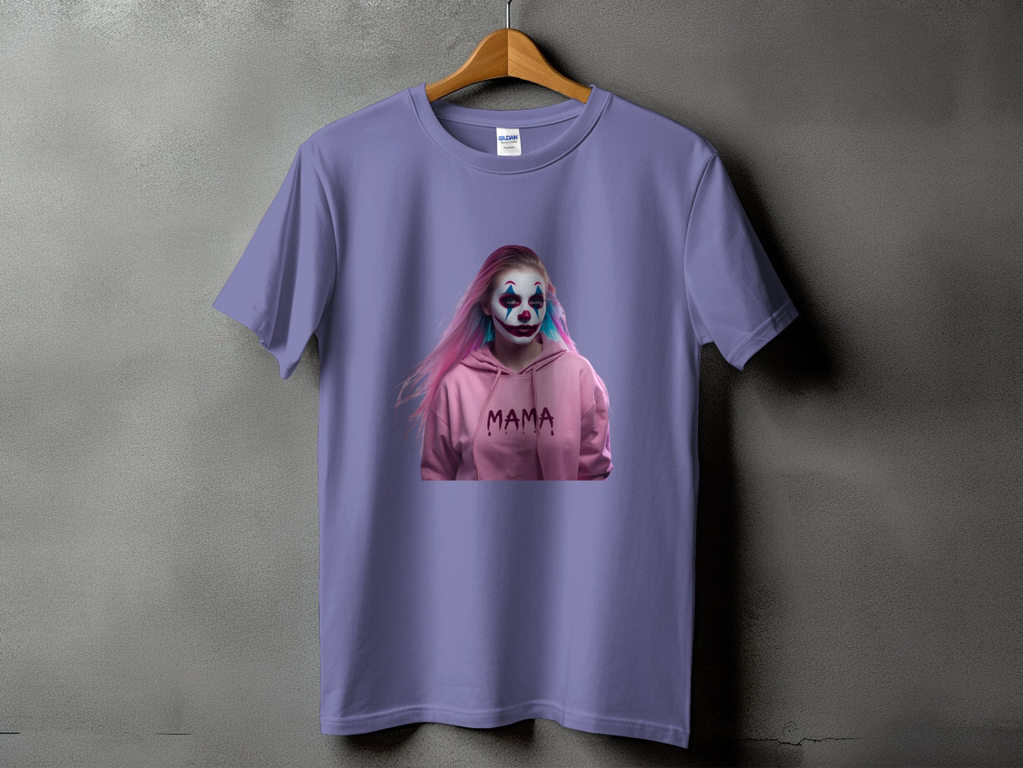 Purple t-shirt with image of person in clown makeup and pink hoodie with "MAMA" text.