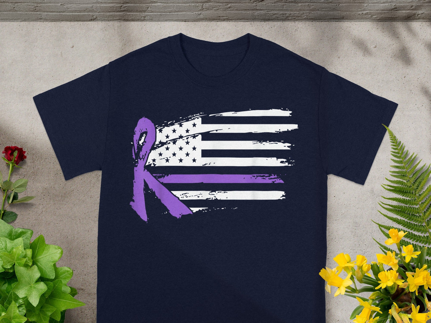 American Flag Painted with Purple Ribbon Graphic Tee