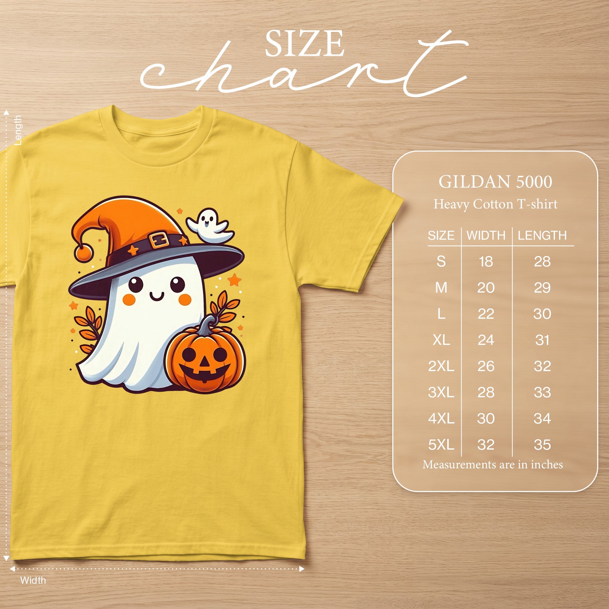 Yellow Gildan 5000 t-shirt with a cute ghost wearing a witch hat and holding a pumpkin.