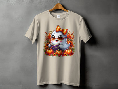 Ghost reading a Halloween book surrounded by pumpkins and flowers on a t-shirt.