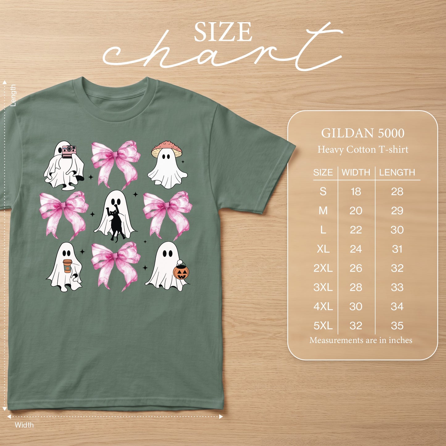 Green Gildan 5000 t-shirt with ghost graphic and size chart.