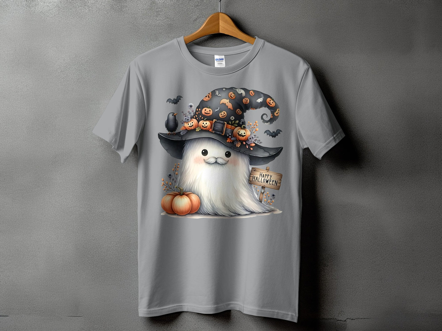 Grey t-shirt with a Halloween ghost wearing a witch hat and holding a sign.