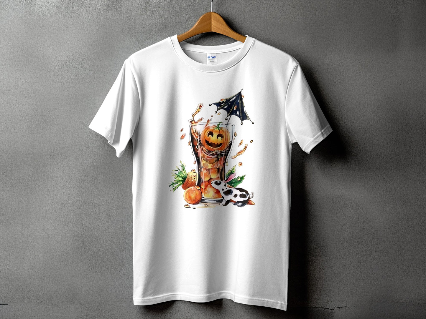 White t-shirt with a Halloween-themed graphic of a pumpkin drink with a bunny.