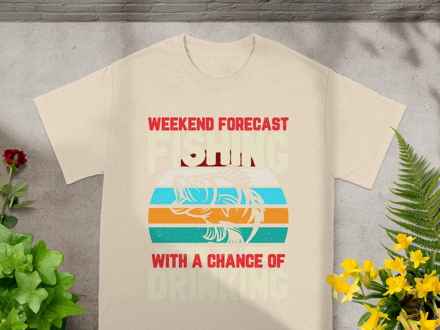 T-shirt with "Weekend Forecast Fishing" graphic featuring a fish and stripes.
