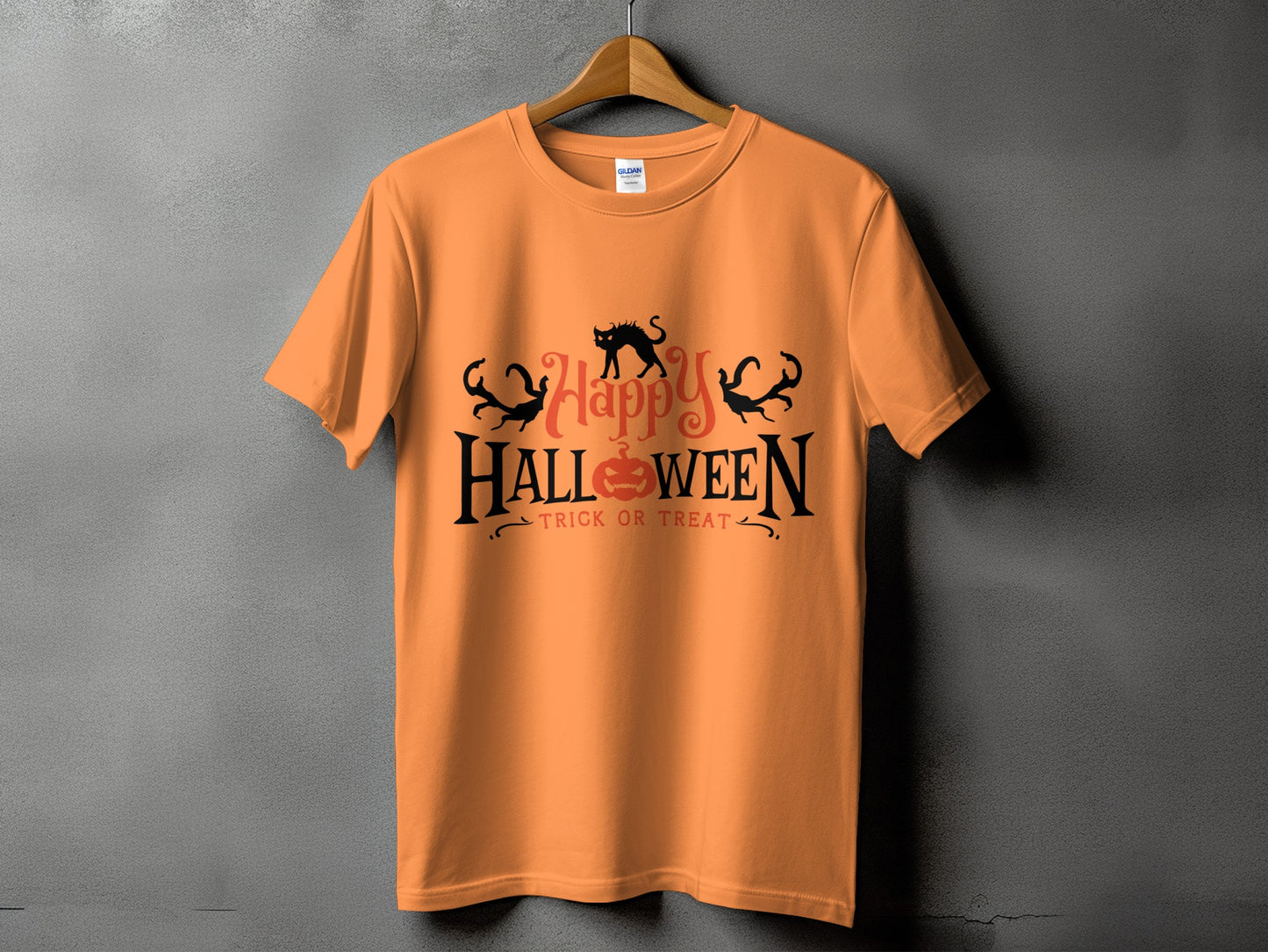 Orange t-shirt with "Happy Halloween Trick or Treat" text and black cat graphic.