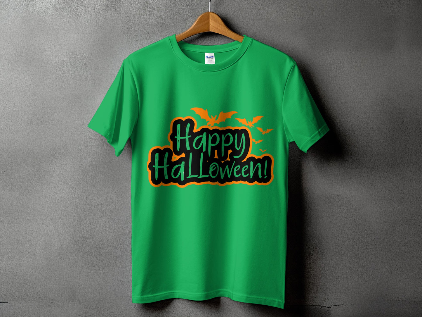 Green t-shirt with "Happy Halloween!" text and orange bats.