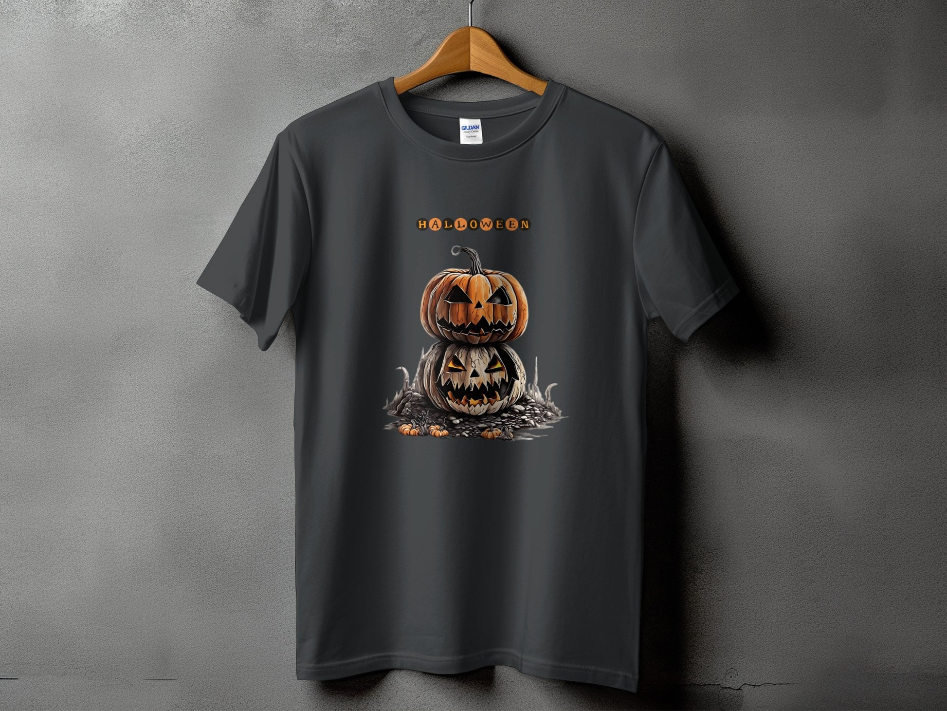 Dark gray t-shirt with stacked jack-o'-lanterns and "HALLOWEEN" text graphic.
