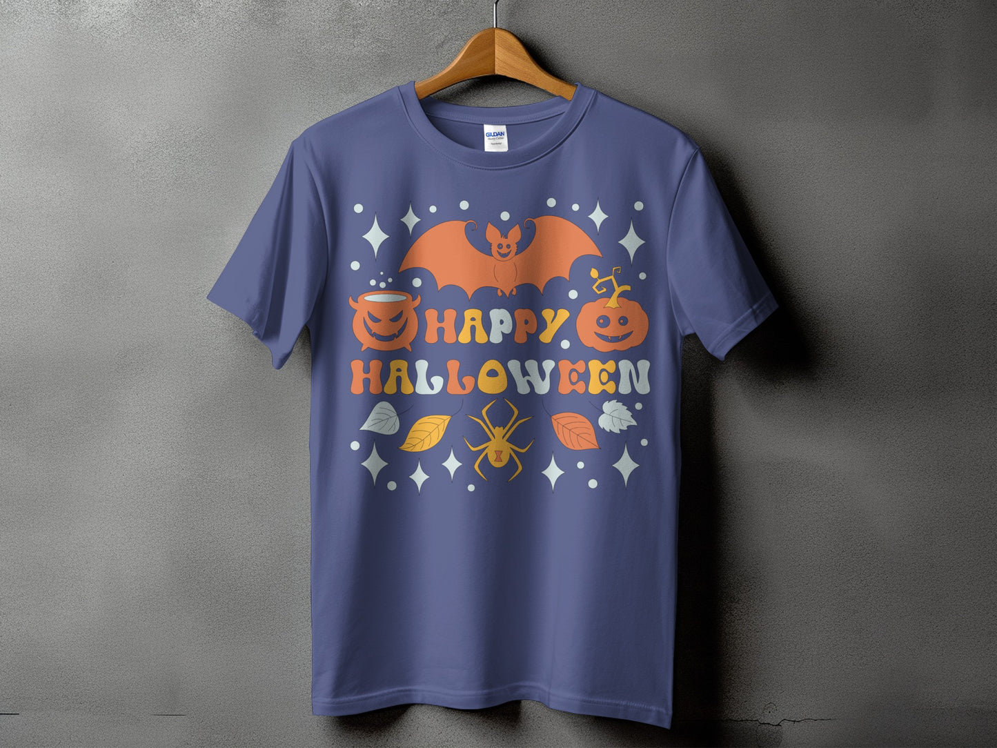 Retro Halloween t-shirt with bat, pumpkin, cauldron, spider, and text.
