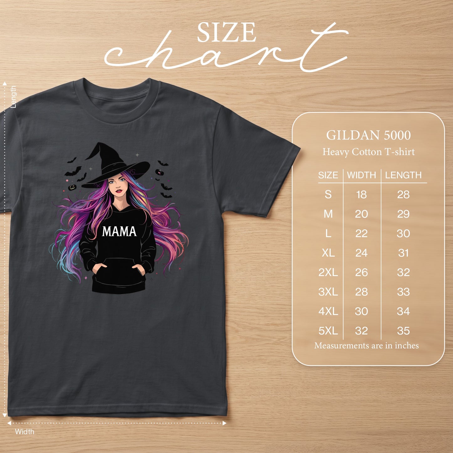 Dark gray t-shirt with witch graphic and size chart for Gildan 5000 Heavy Cotton.