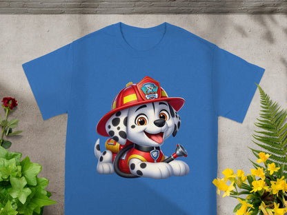 Marshall from Paw Patrol on a blue t-shirt.