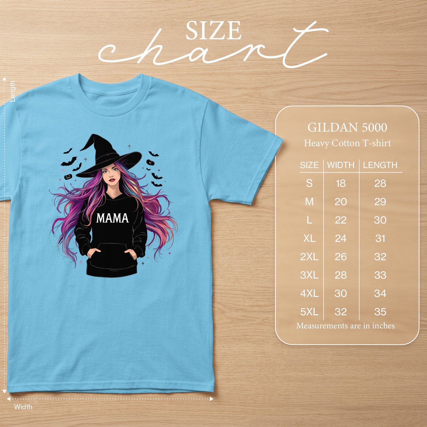 Light blue t-shirt with witch graphic and "Mama" text, includes size chart.