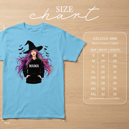 Light blue t-shirt with witch graphic and "Mama" text, includes size chart.