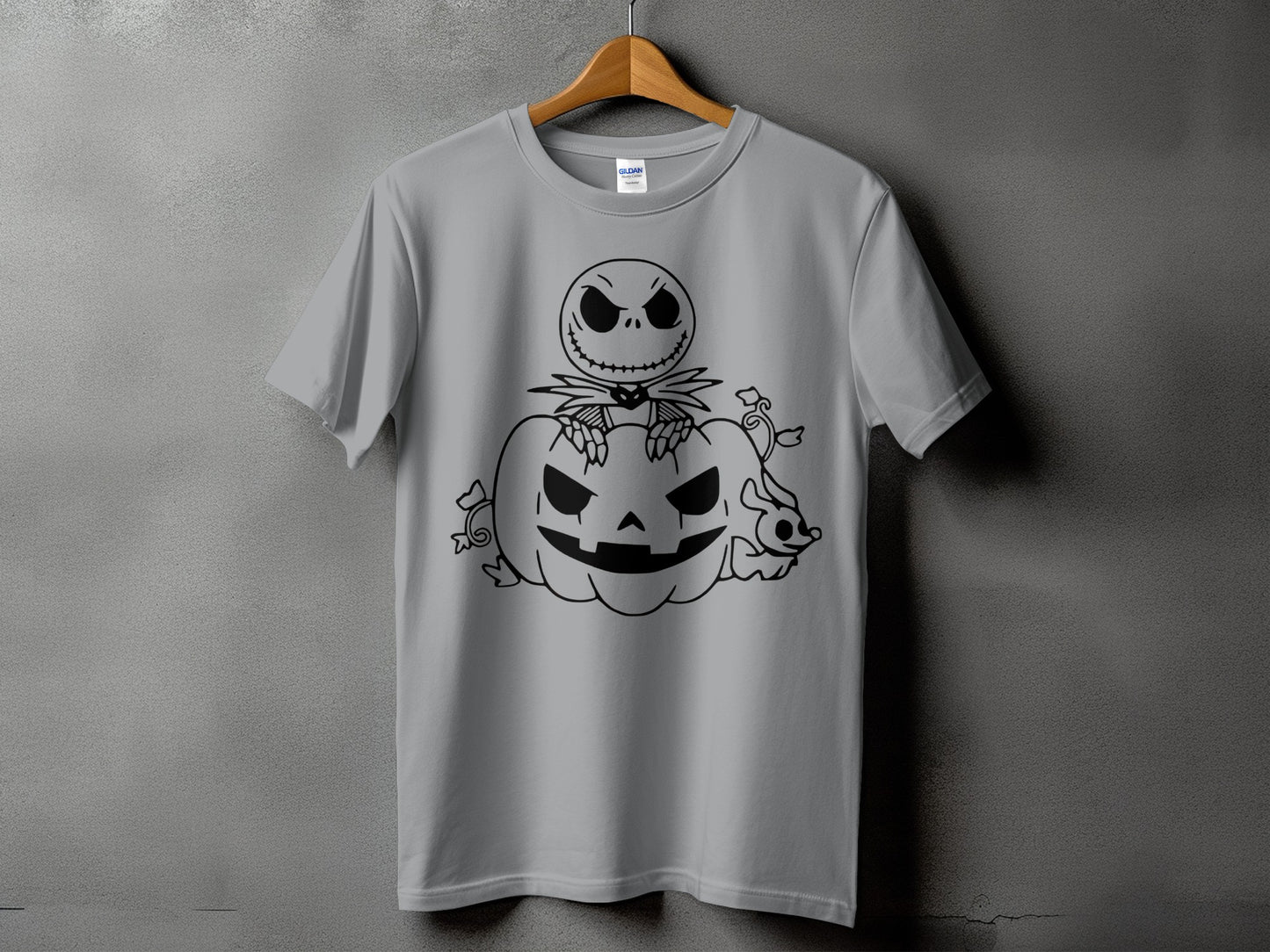 Grey t-shirt with a black graphic of Jack Skellington sitting on a pumpkin.