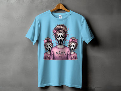 Light blue t-shirt with three ghost figures and "MAMA DES" text.