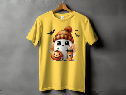 Yellow t-shirt with a cute ghost, jack-o'-lantern, and coffee cup Halloween graphic.