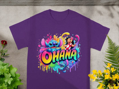 Purple t-shirt with Stitch and Lilo characters surrounded by colorful paint splashes and "Ohana" text.
