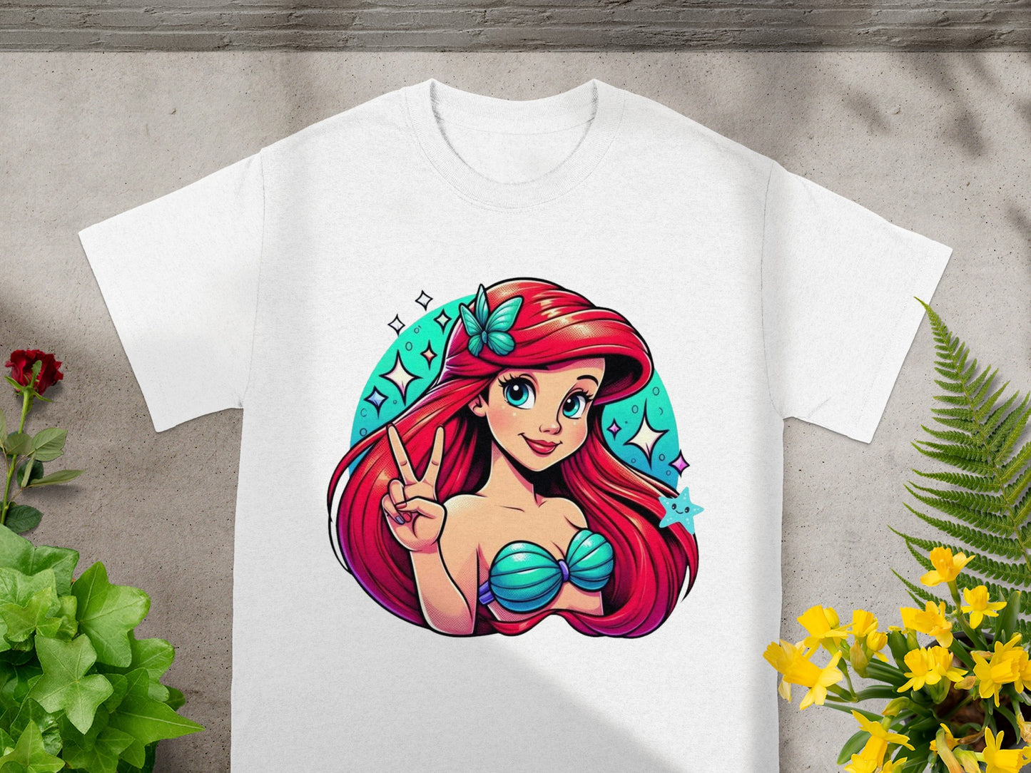 Ariel the mermaid wearing a seashell bra and peace sign.