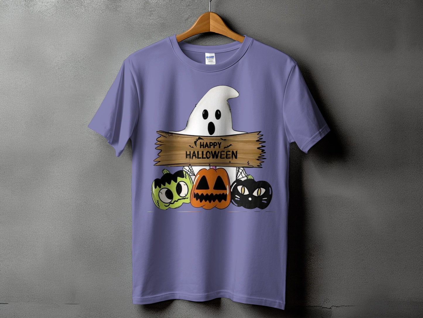 Purple t-shirt with a ghost, pumpkins, and black cat graphic saying "Happy Halloween".