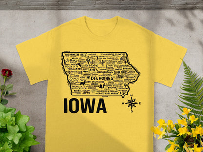 Iowa Map Design Yellow T-Shirt with Compass Print
