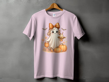 Pink t-shirt with a cute ghost character holding a pumpkin and a drink.