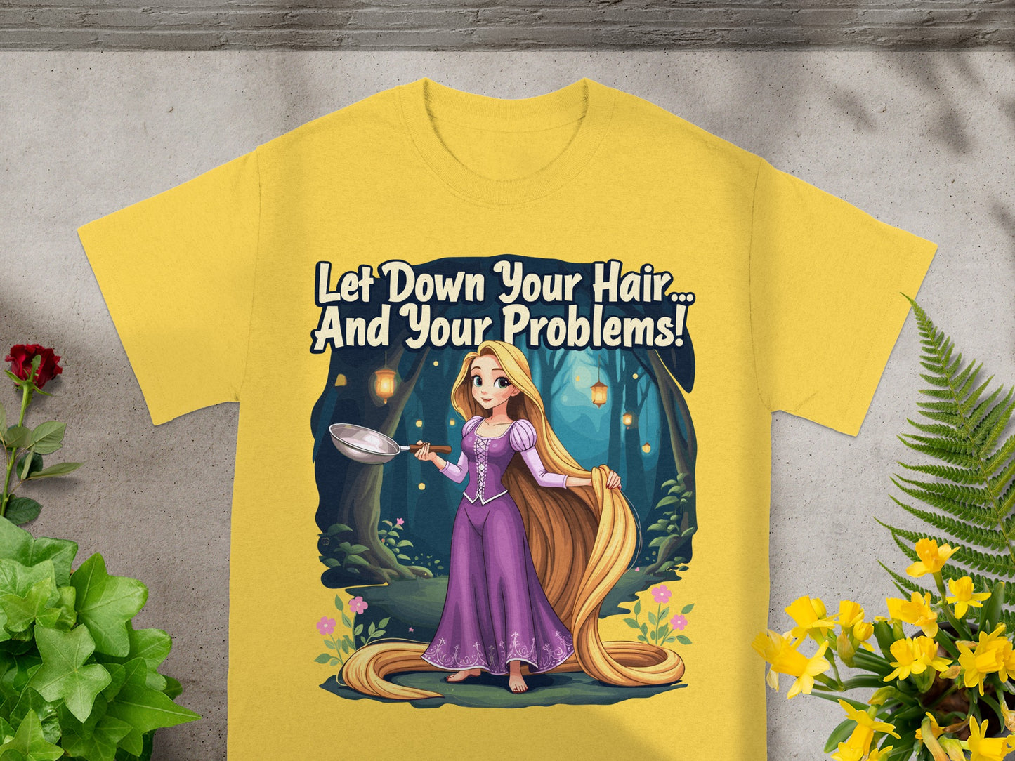 Yellow t-shirt with Rapunzel and text "Let Down Your Hair... And Your Problems!".