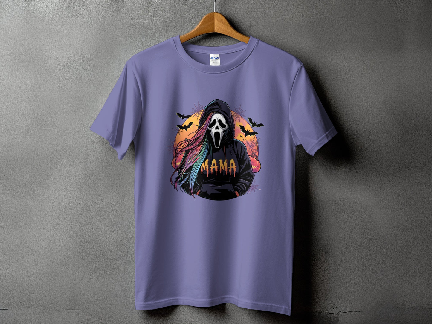 Purple t-shirt with a screaming ghost wearing a hoodie and the word "MAMA".