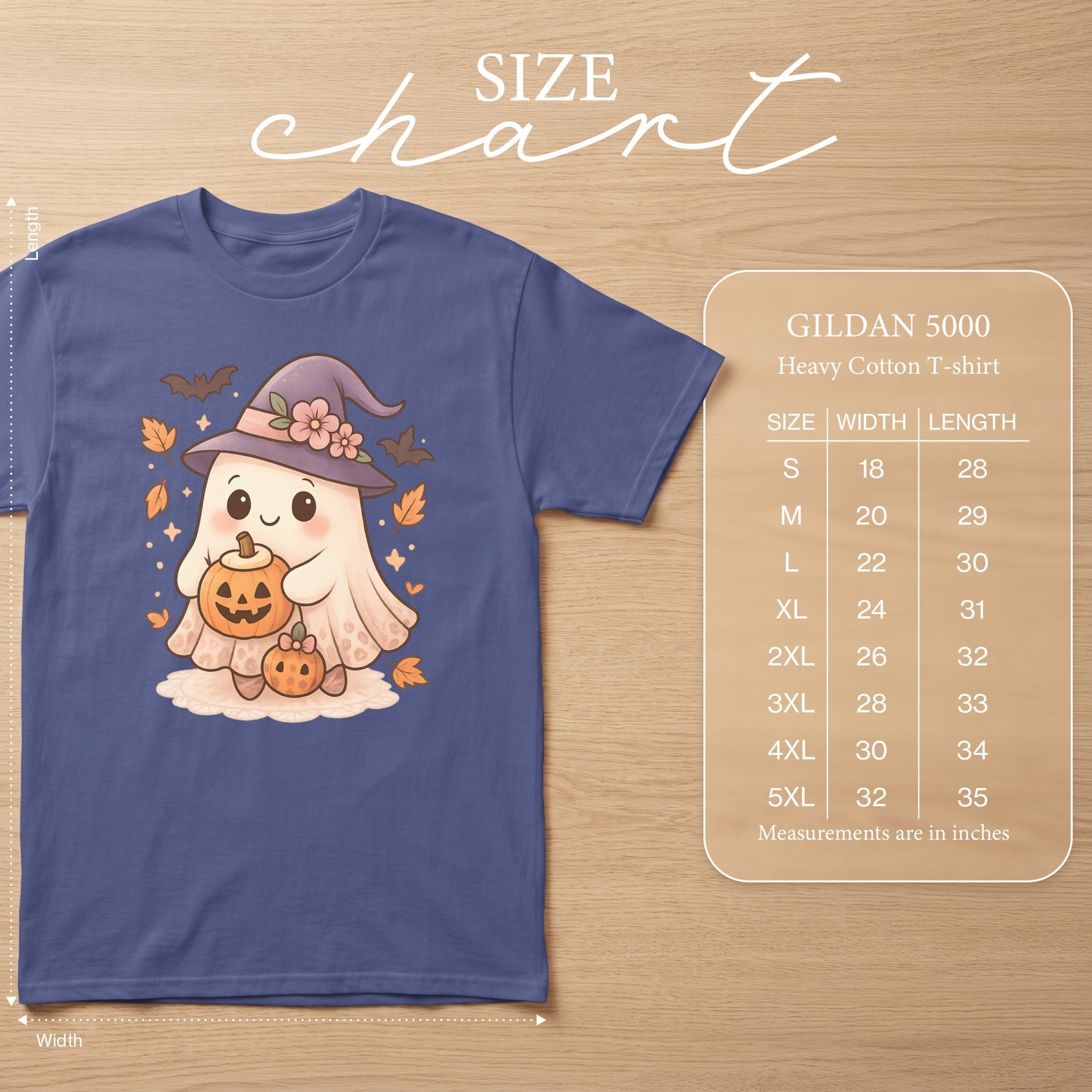 Gildan 5000 Heavy Cotton T-shirt size chart with measurements in inches.