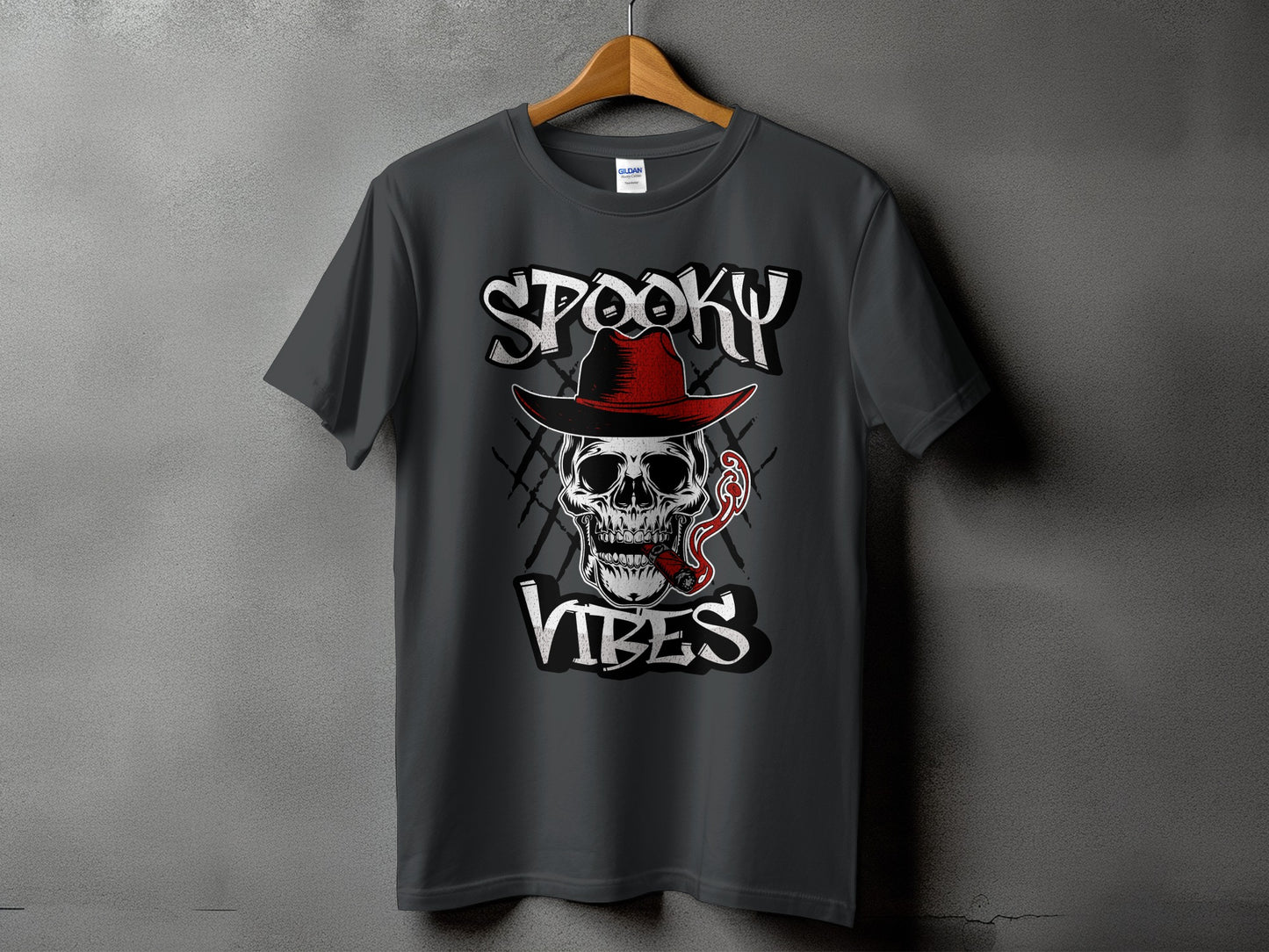 Dark gray t-shirt with skull wearing a red hat and smoking a cigar, text "SPOOKY VIBES".