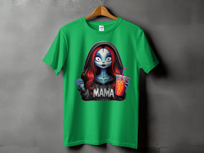 Green t-shirt with graphic of a character with blue skin, red hair, and the word "MAMA".