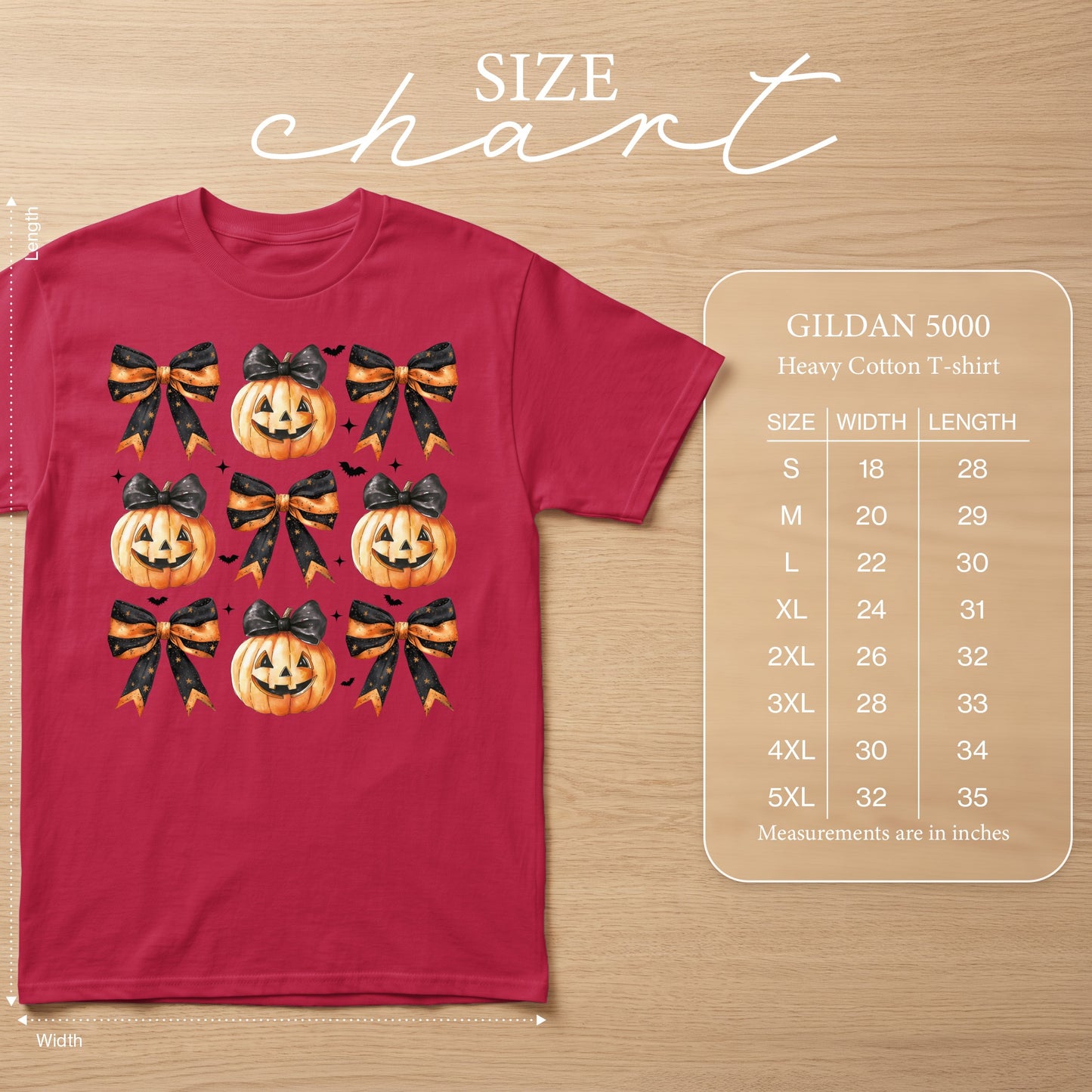 Red t-shirt with a repeating pattern of jack-o'-lanterns and black and orange striped bows.