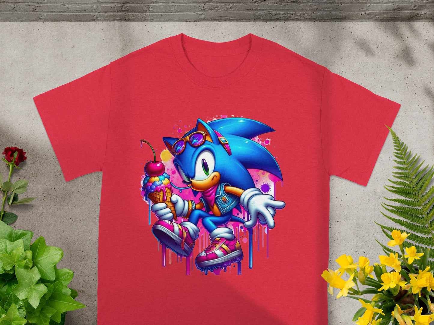 Red t-shirt with Sonic the Hedgehog holding an ice cream cone and wearing sunglasses.