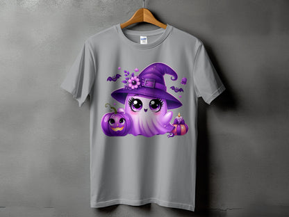 Cute purple ghost with witch hat, pumpkin, candle, and bats Halloween graphic on t-shirt.