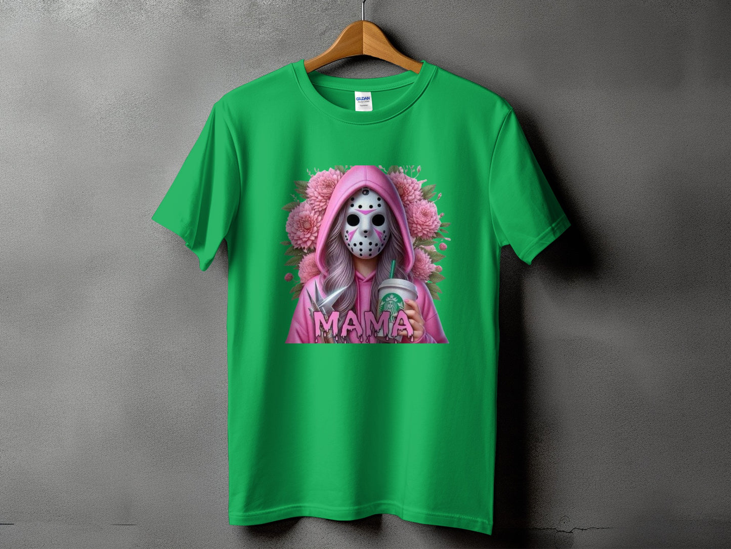 Green t-shirt with a graphic of a person in a hockey mask holding a Starbucks cup.