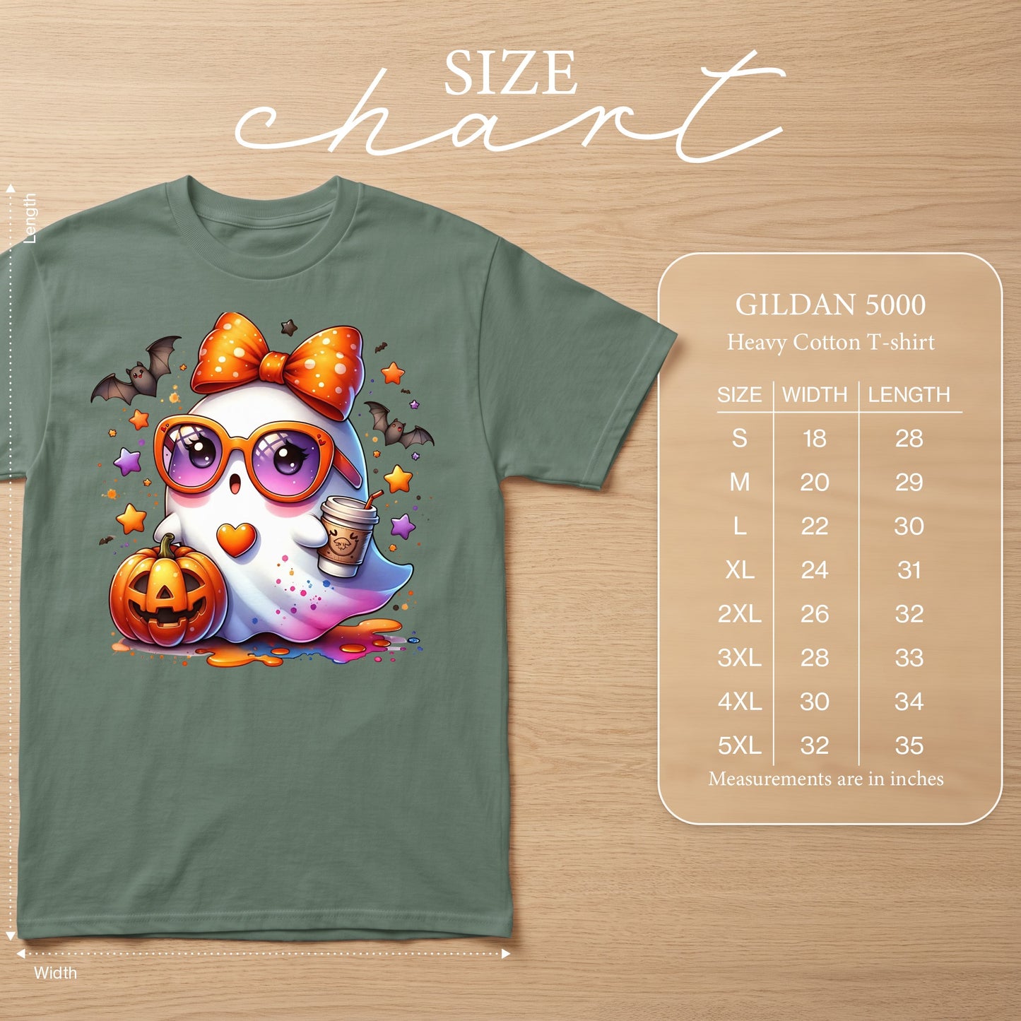 Ghost graphic t-shirt with size chart including width and length measurements in inches.