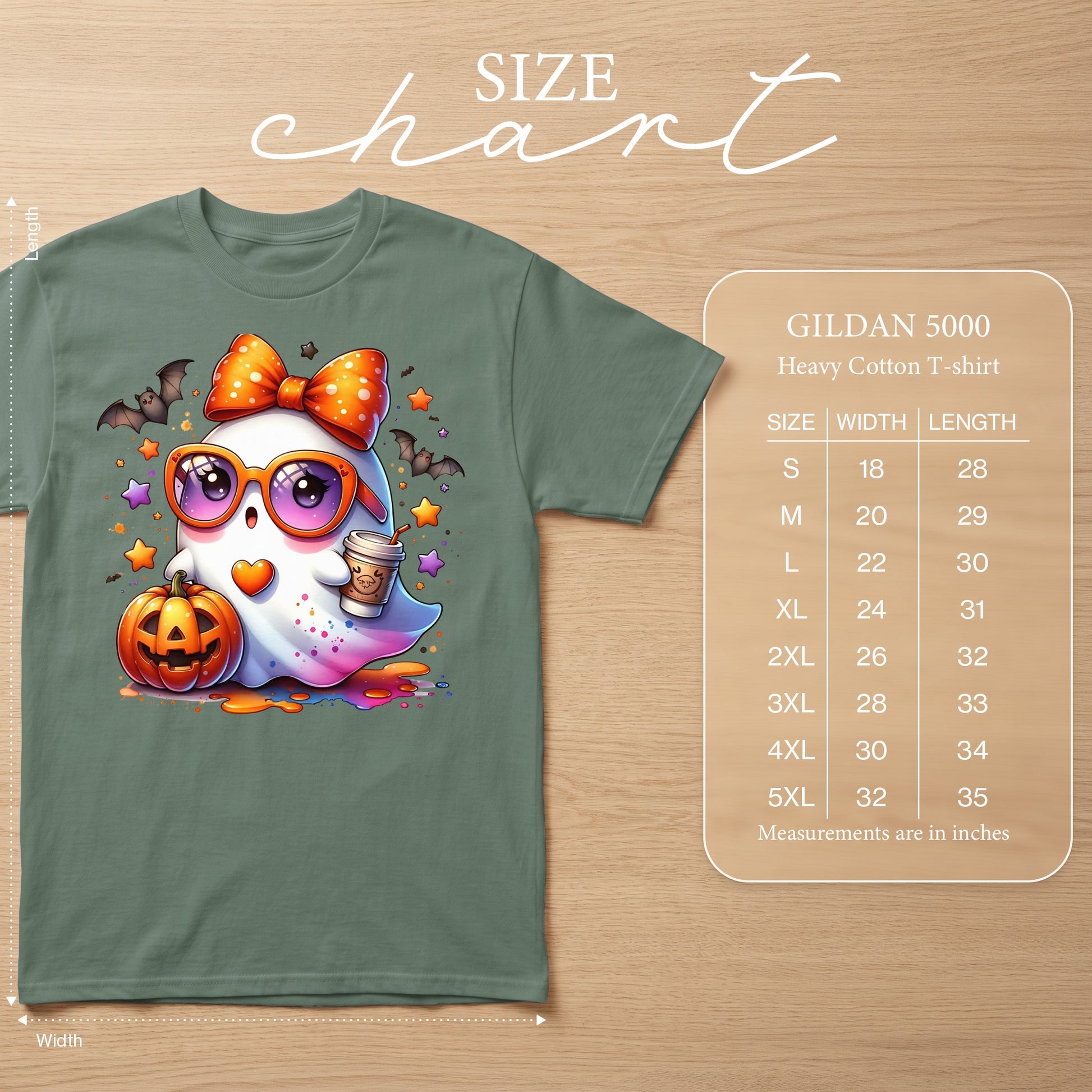 Ghost graphic t-shirt with size chart including width and length measurements in inches.