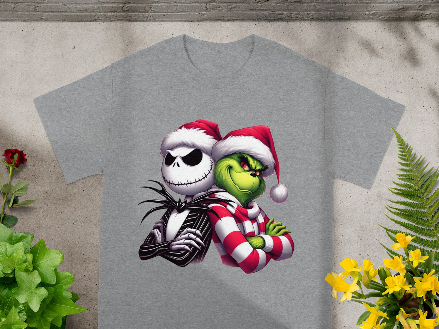 Jack Skellington and the Grinch with Santa hats and crossed arms.