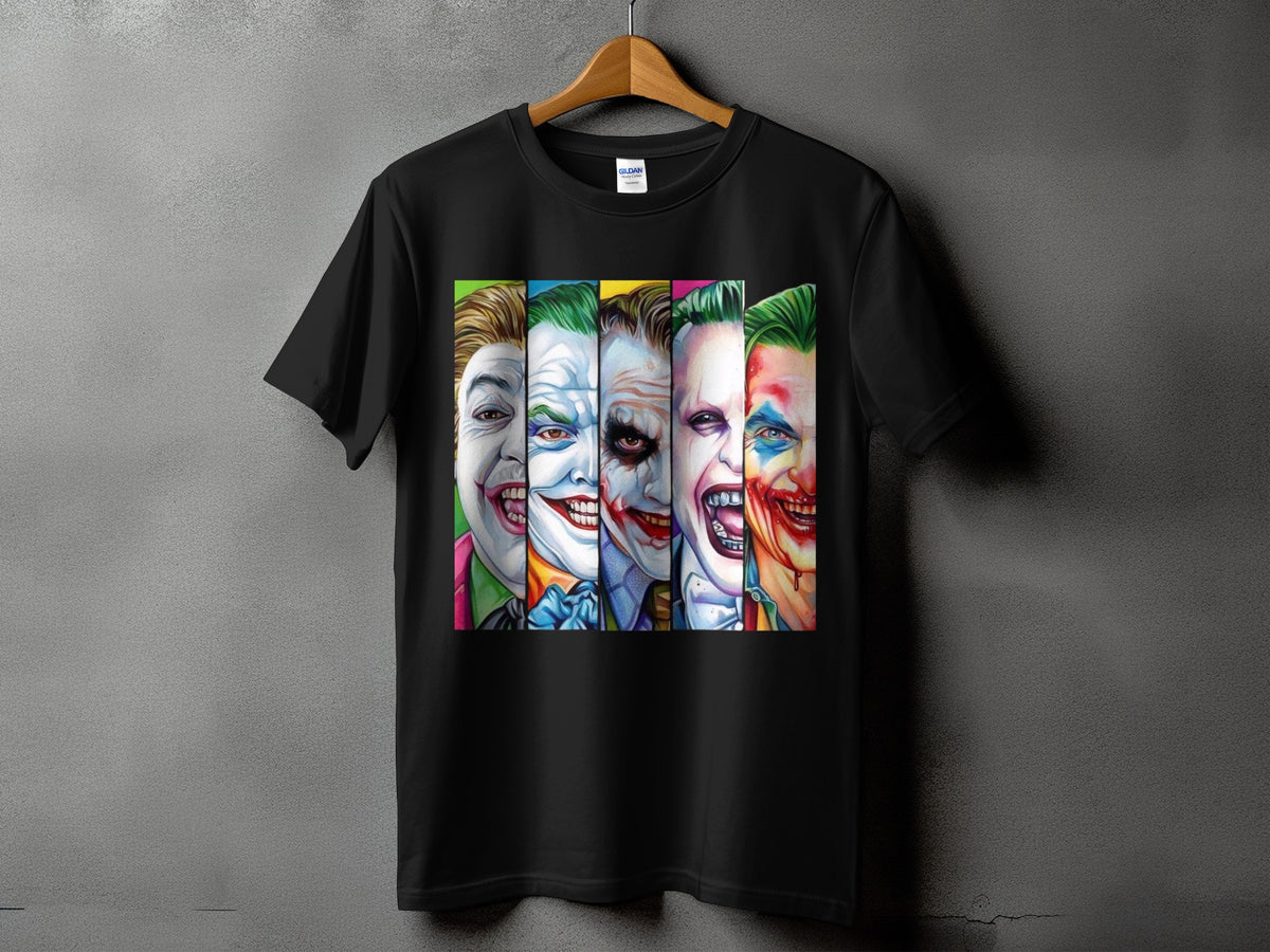 Black t-shirt featuring a collage of five different Joker faces in vertical panels.