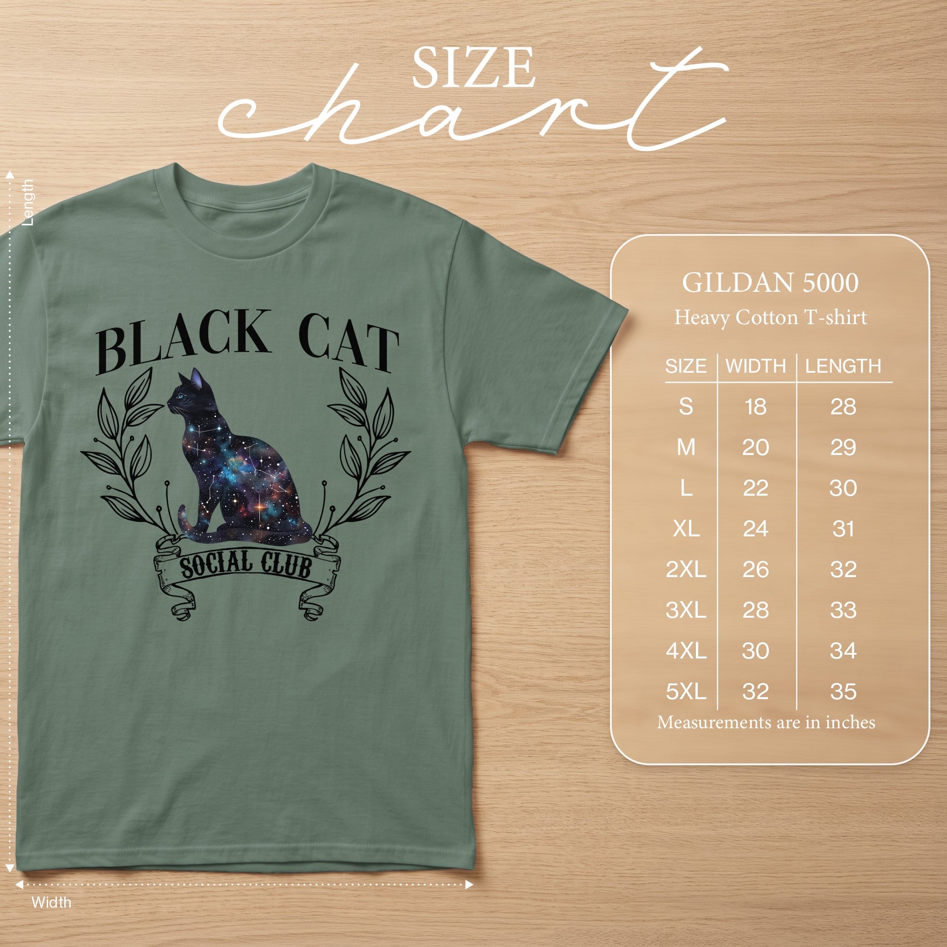 Green t-shirt with galaxy cat and "Black Cat Social Club" text, size chart included.