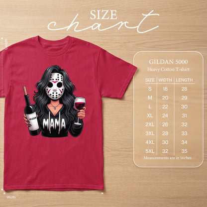 Red t-shirt with "Mama" design and horror mask woman holding wine. Size chart included.