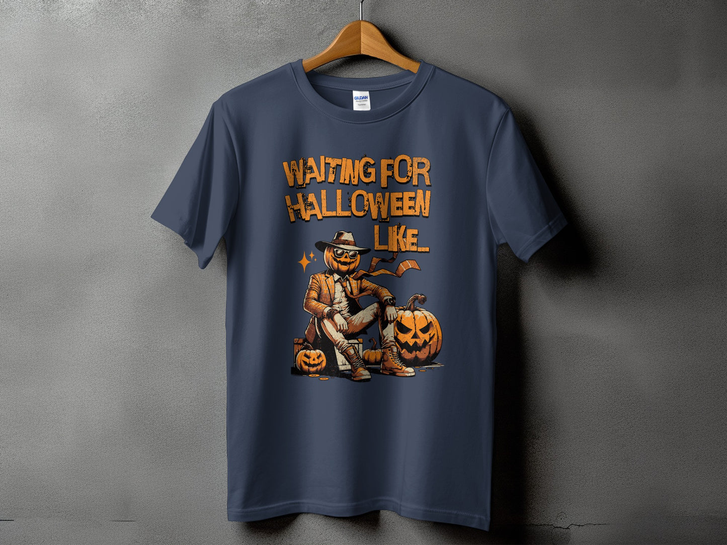 T-shirt with "Waiting for Halloween Like..." text and a pumpkin character.