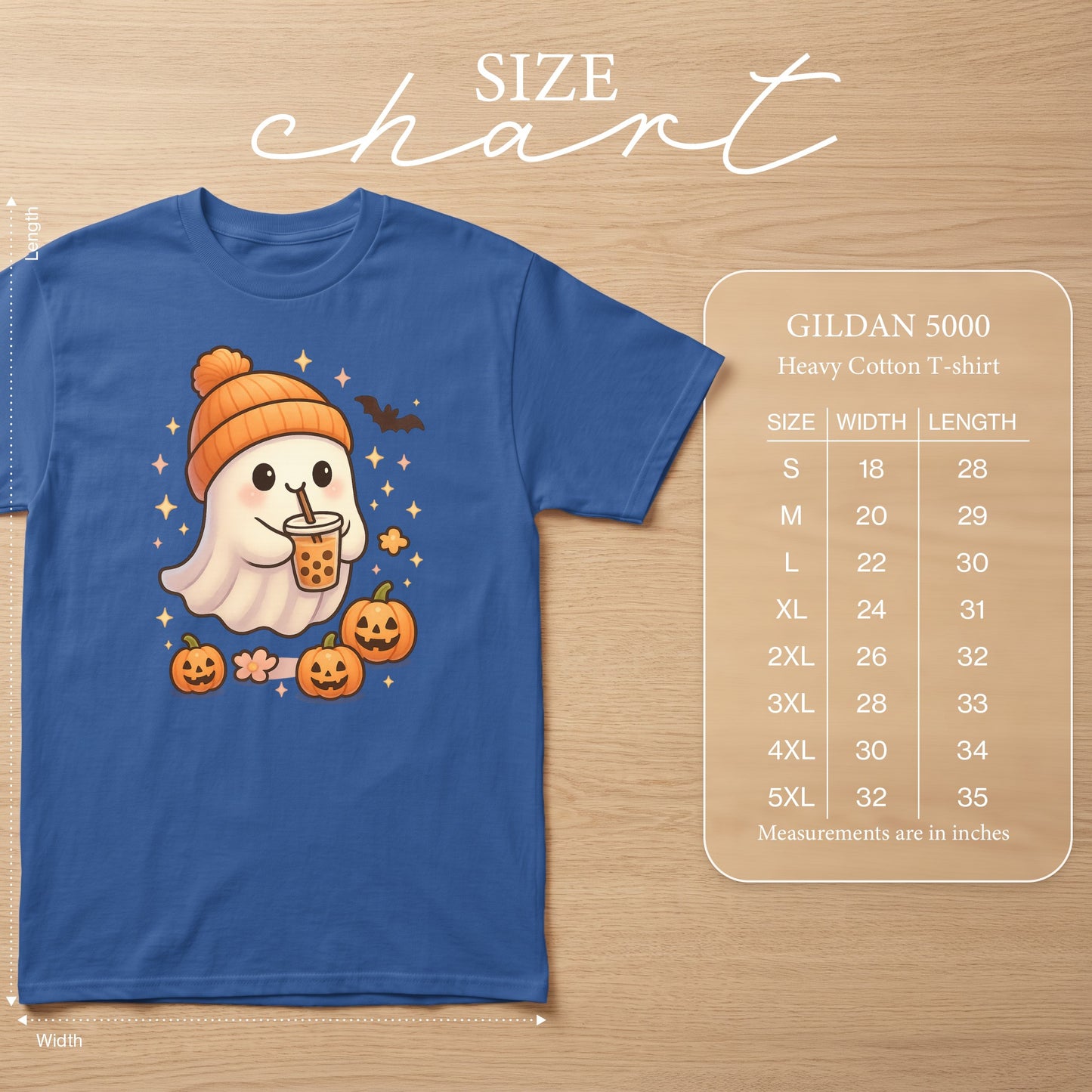 Blue t-shirt with a ghost holding boba, pumpkins, and bat graphic. Gildan 5000 size chart.