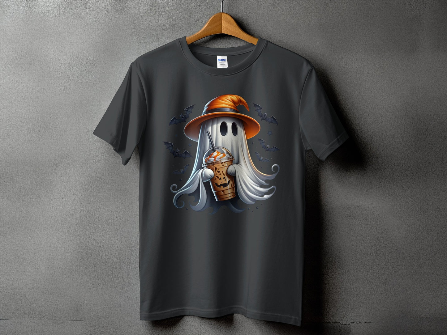Ghost with witch hat holds coffee cup surrounded by bats and swirls.