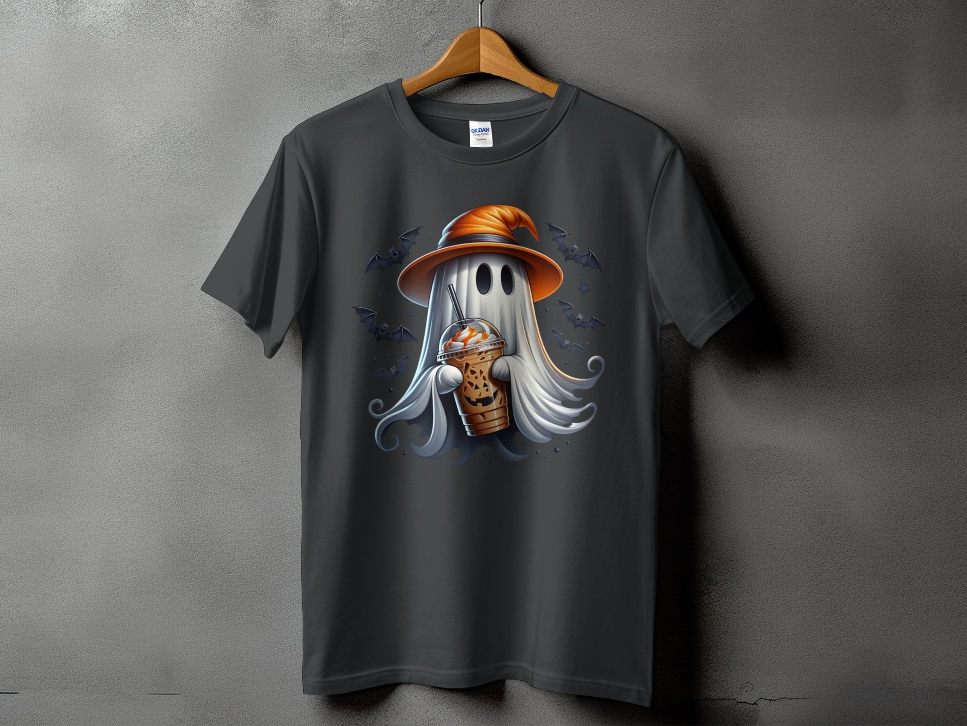 Ghost with witch hat holds coffee cup surrounded by bats and swirls.