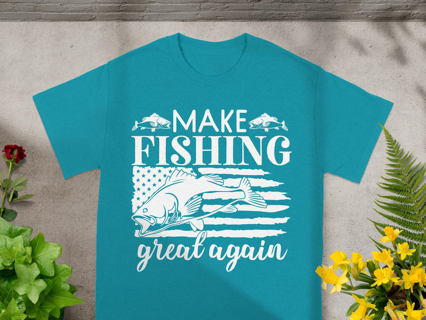Teal t-shirt with "Make Fishing Great Again" text and a fish on American flag stripes.