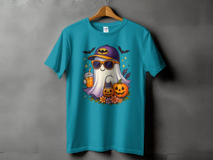 Teal t-shirt with a cartoon ghost wearing sunglasses, a baseball cap, and holding a drink.