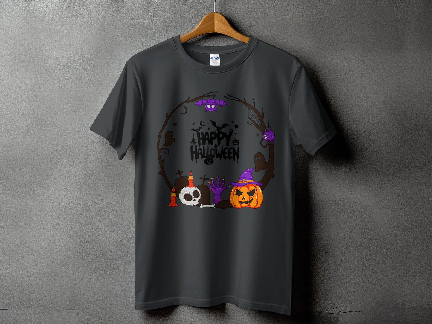 Dark grey t-shirt with Halloween graphic featuring pumpkin, skull, bat, and text "A Happy Halloween".