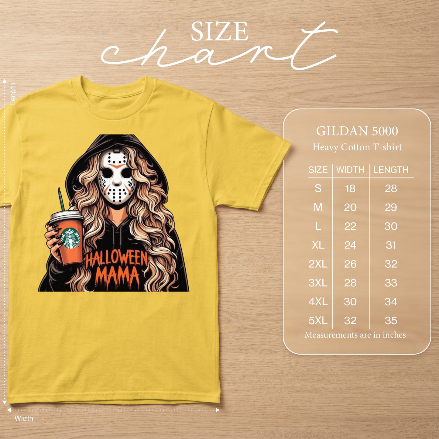 Yellow Gildan 5000 heavy cotton t-shirt with "Halloween Mama" graphic and size chart.